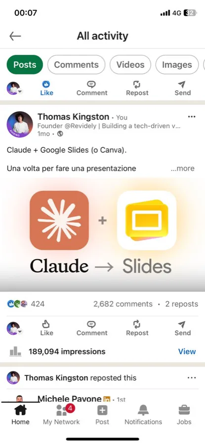 Post LinkedIn — Claude e Google Slides, 189.094 impression