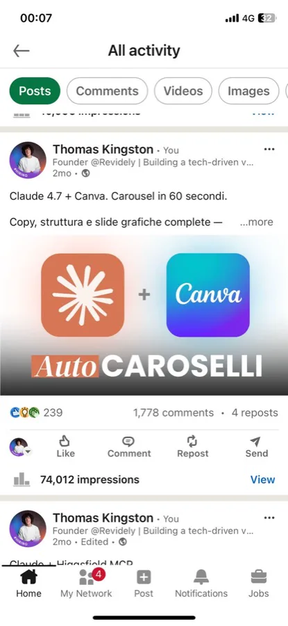 Post LinkedIn — Auto Caroselli con Claude 4.7 e Canva, 74.012 impression